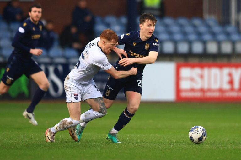 Dundee’s Aaron Donnelly holds off Simon Murray of Ross County. Image: Shutterstock
